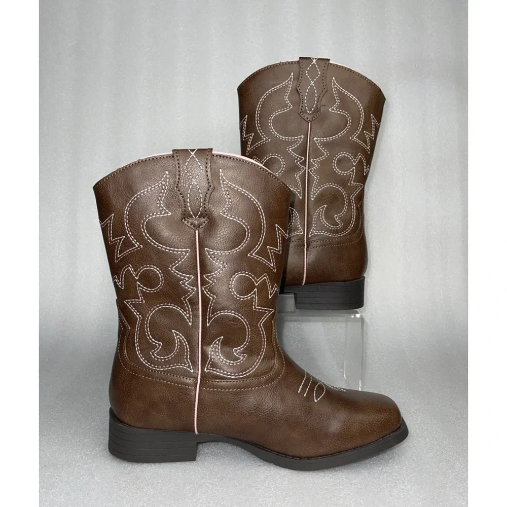Wonder‎ Nation Brown Pull-on Square Toe Cowboy Cowgirl Boots Big Girls Size 5